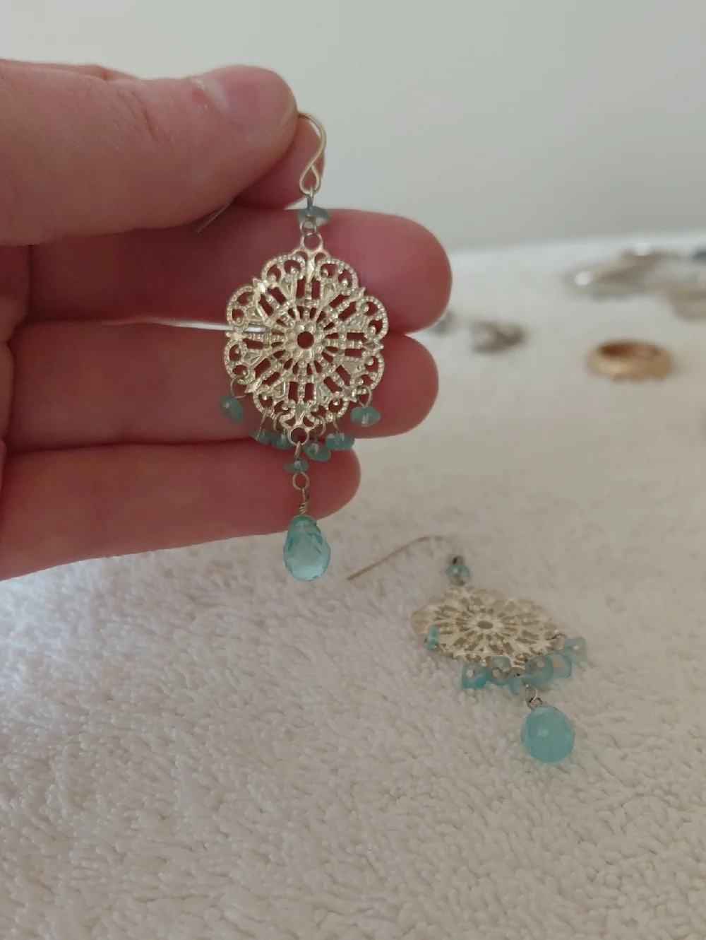 Gold Filigree Earrings with Aqua Beads